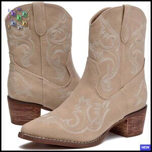 Western Cowgirl Boots Embroidered Square Toe Chunky Heel Ankle Booties Zipper